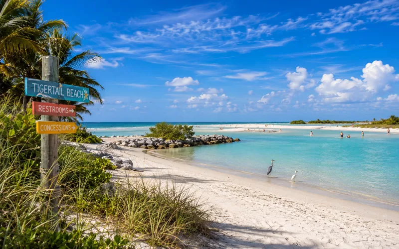Tigertail Beach sign overlooking turquoise water, white sand, beachgoers, and wading birds