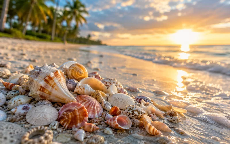 Colorful seashells and sand dollars scattered on wet sand near the waves at sunset