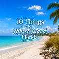 Marco Island beach with turquoise water, palm trees, and the article title centered over the image