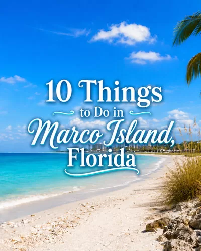 Marco Island beach with turquoise water, palm trees, and the article title centered over the image