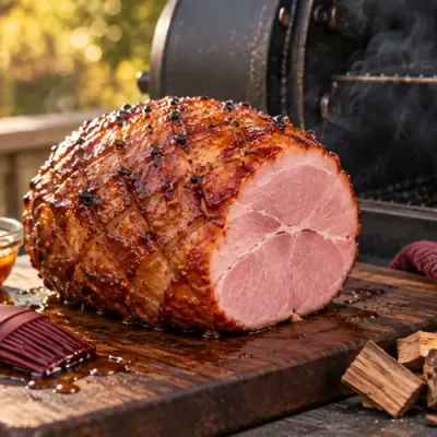Brown sugar maple-glazed boneless ham beside an open outdoor smoker