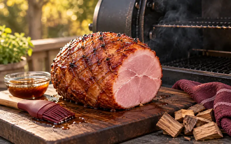 Brown sugar maple-glazed boneless ham beside an open outdoor smoker