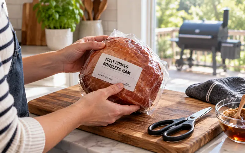 Fully cooked boneless ham in its packaging before smoking