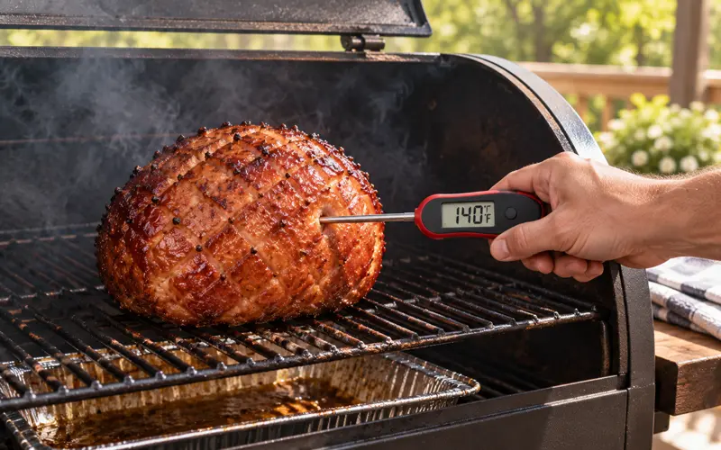 Checking the internal temperature of a smoked ham with a digital meat thermometer