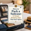 Neatly packed suitcase with clothing and travel accessories arranged for efficient packing.