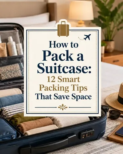 Neatly packed suitcase with clothing and travel accessories arranged for efficient packing.