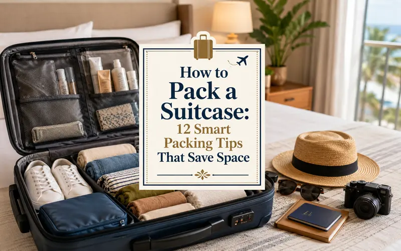 Neatly packed suitcase with clothing and travel accessories arranged for efficient packing.