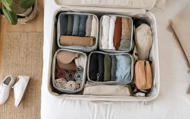 Packing cubes filled with rolled clothing arranged neatly inside an open suitcase.