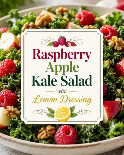 Fresh raspberry apple kale salad topped with toasted walnuts and a light lemon dressing.