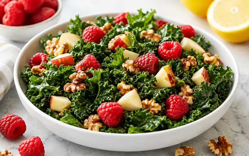 Raspberry apple kale salad with fresh raspberries, diced apples, toasted walnuts, and lemon-honey dressing.