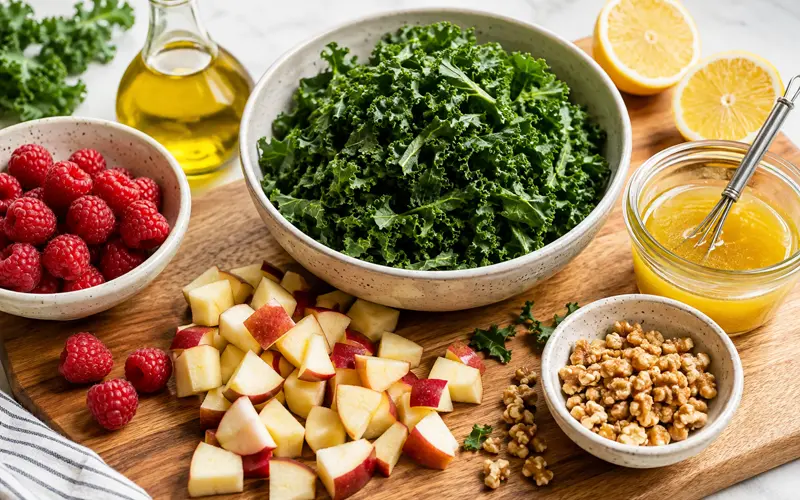 Kale, raspberries, diced apples, toasted walnuts, lemons, olive oil, and lemon-honey dressing arranged for salad preparation.