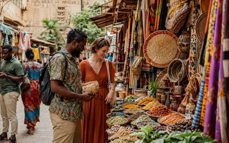 Travelers browsing colorful spices, foods, textiles, and handmade goods at an African-inspired market.