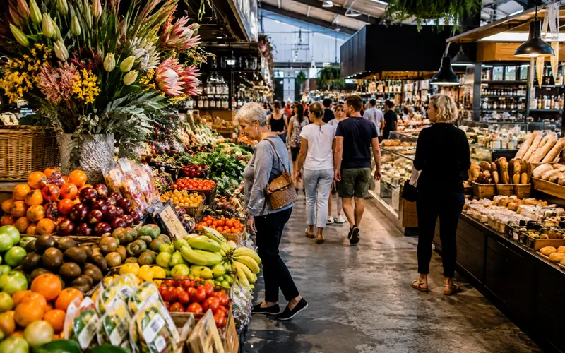 Colorful indoor food market with fresh produce and specialty foods