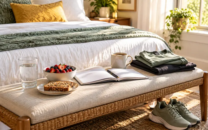 Healthy morning essentials arranged beside a neatly made bed