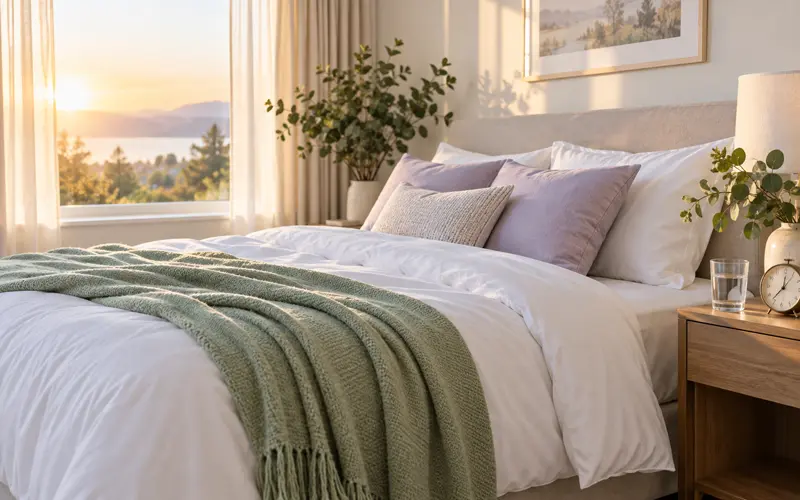 Bright, peaceful bedroom with crisp bedding and soft morning sunlight
