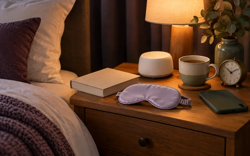Sleep mask, book, white noise machine, and herbal tea beside a comfortable bed