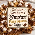 Golden Grahams S’mores Pizza Squares with marshmallows, chocolate pieces, cereal, and chocolate drizzle.