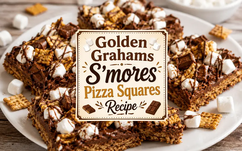 Golden Grahams S’mores Pizza Squares with marshmallows, chocolate pieces, cereal, and chocolate drizzle.