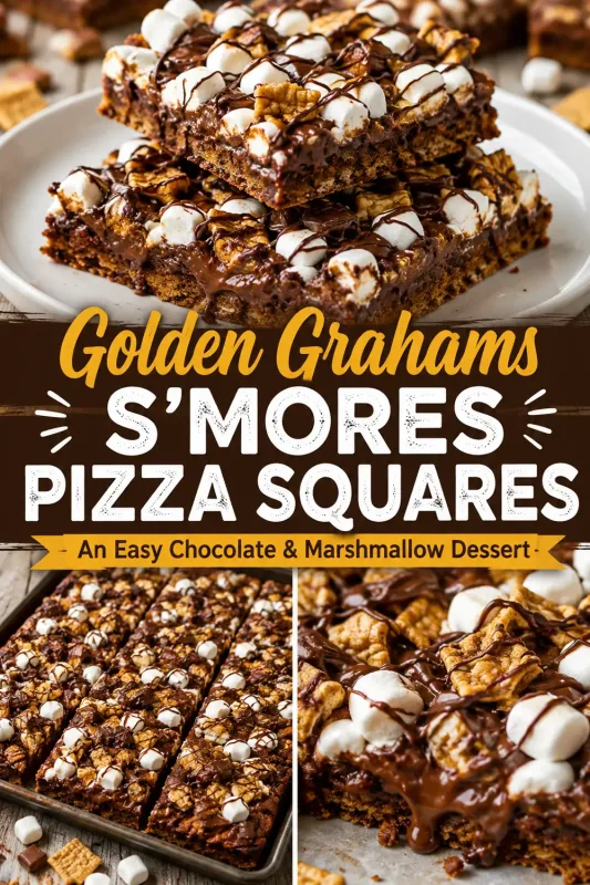 Golden Grahams S’mores Pizza Squares with layers of chocolate, marshmallows, cereal pieces, and chocolate drizzle.