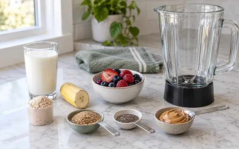 Protein shake ingredients measured beside a blender on a kitchen counter
