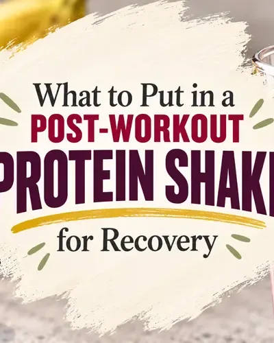 Berry protein shake pouring into a clear glass beside the centered article title on an organic cream brushstroke.