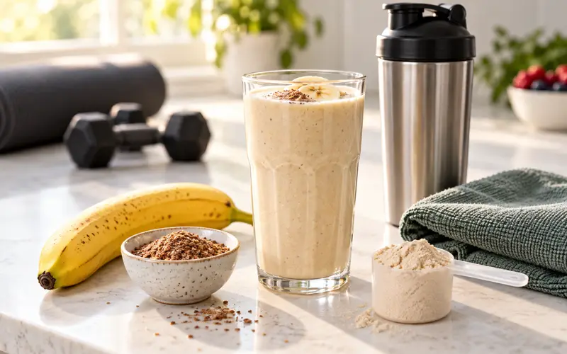 reamy post-workout protein shake with banana, flaxseed, and workout equipment nearby