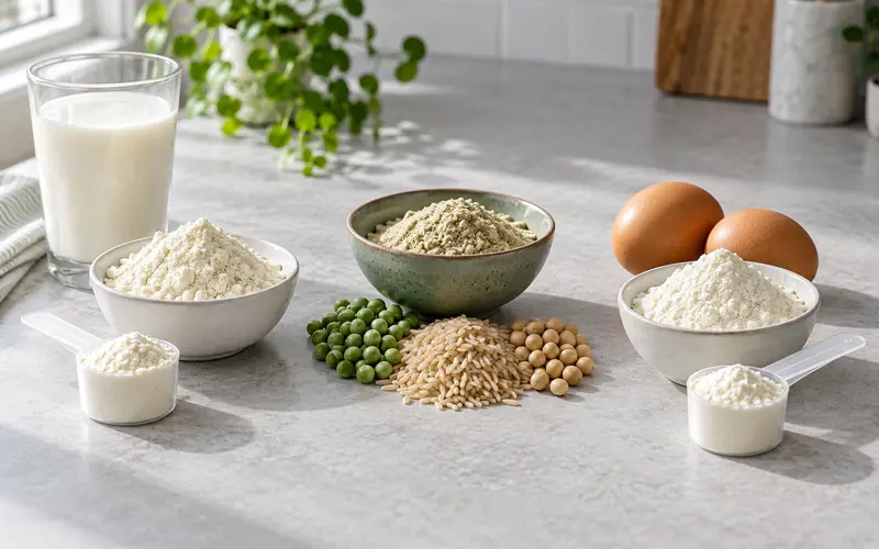 Whey, plant-based, and egg white protein sources arranged in three natural groups