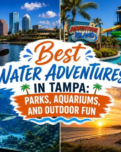 Tampa water adventures featured image collage with kayaking, Adventure Island water park slides, aquarium marine life, and a tropical sunset beach scene surrounding a centered title graphic.