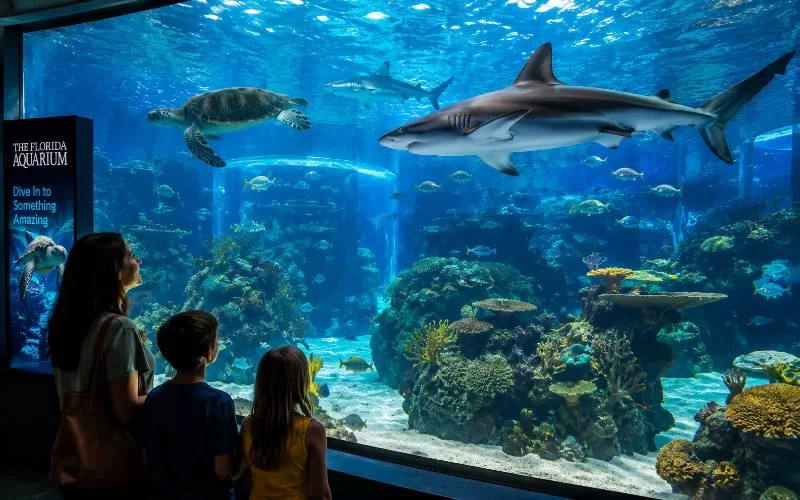 Family viewing sharks, sea turtles, and colorful fish through a massive aquarium window at The Florida Aquarium in Tampa.