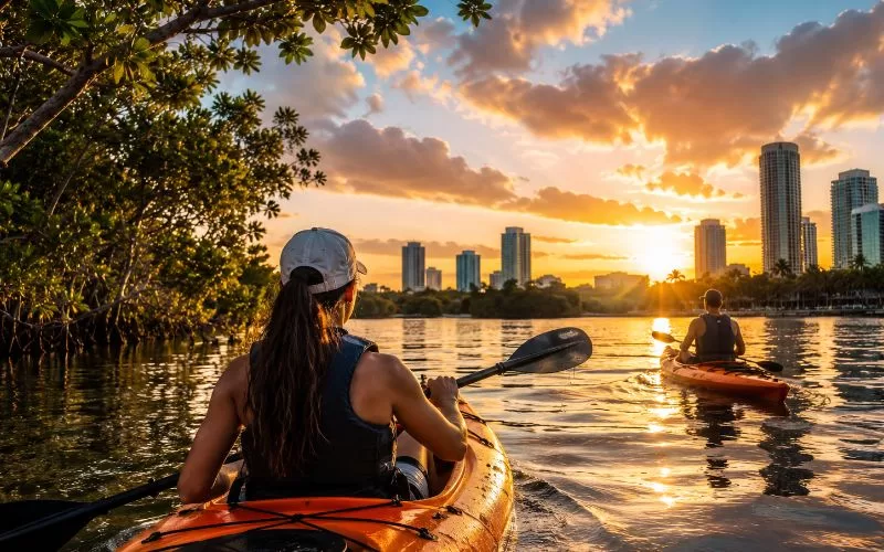 Two people kayaking through calm Tampa waters at sunset with a glowing city skyline and mangrove-lined shoreline in the background.