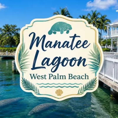 Manatee Lagoon waterfront in West Palm Beach with manatees in the water and a centered title graphic.