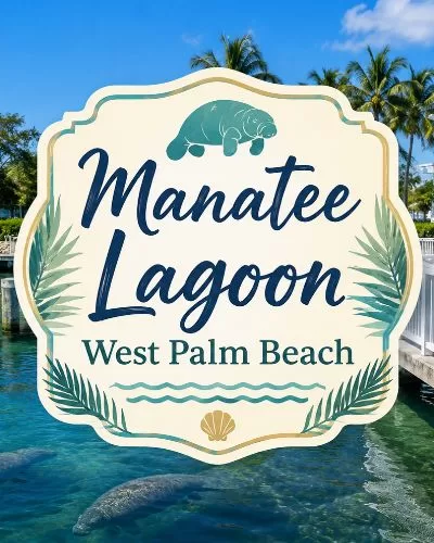 Manatee Lagoon waterfront in West Palm Beach with manatees in the water and a centered title graphic.