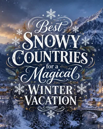 Snowy mountain landscape and winter village with the words Best Snowy Countries for a Magical Winter Vacation.