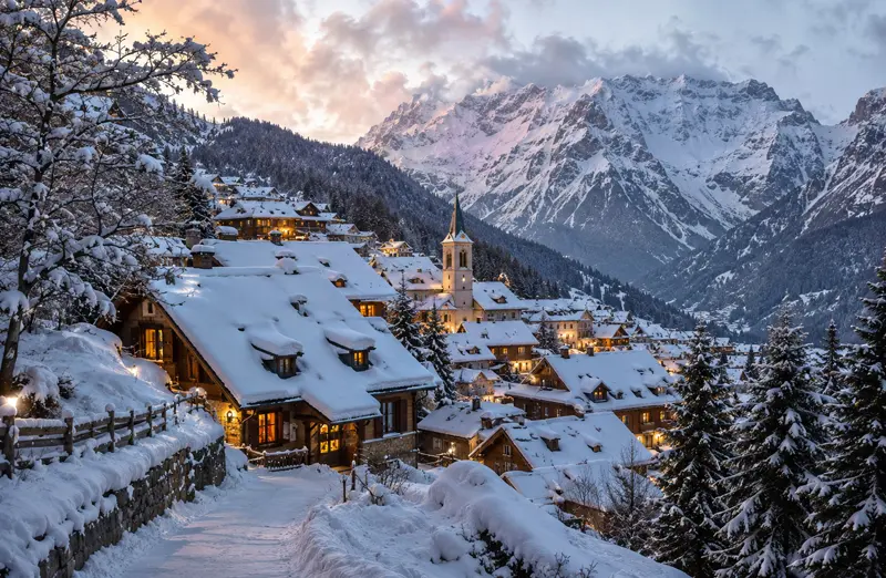 Snow-covered mountain village surrounded by evergreen trees and dramatic snowy peaks.