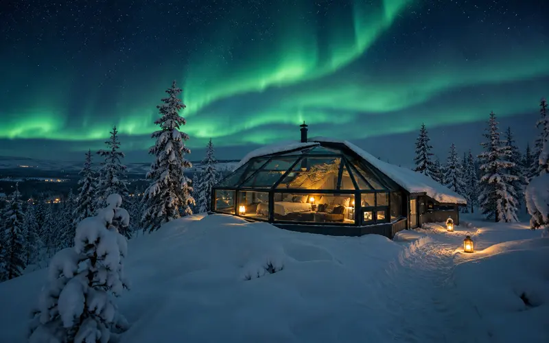 Glass-roof cabin beneath the Northern Lights in a snowy Arctic landscape.