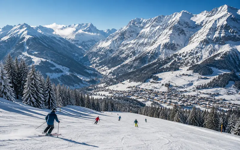 Skiers descending a snowy Alpine mountain surrounded by dramatic winter peaks.