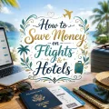 Travel planning scene with decorative text about saving money on flights and hotels