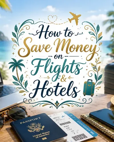 Travel planning scene with decorative text about saving money on flights and hotels