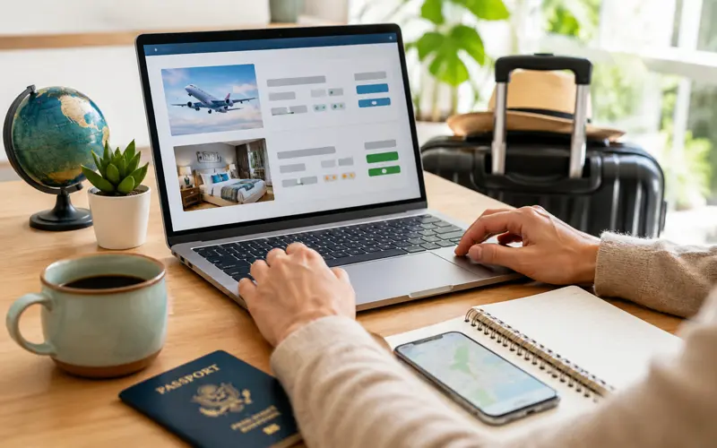 Traveler comparing flights and hotels on a laptop while planning a vacation