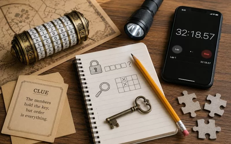Escape room style puzzle setup with a combination lock, notebook, key, clue card, stopwatch, flashlight, and puzzle pieces