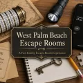 Escape room puzzle setup with title text for West Palm Beach Escape Rooms