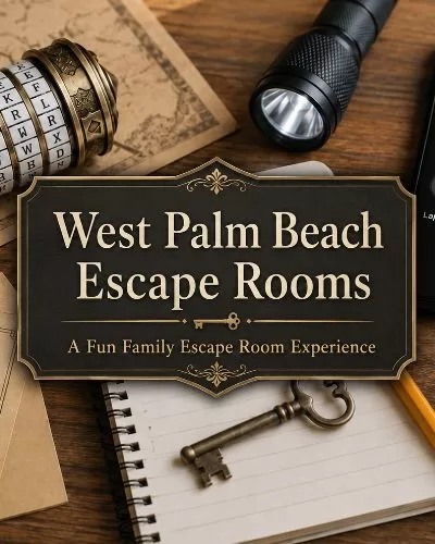 Escape room puzzle setup with title text for West Palm Beach Escape Rooms