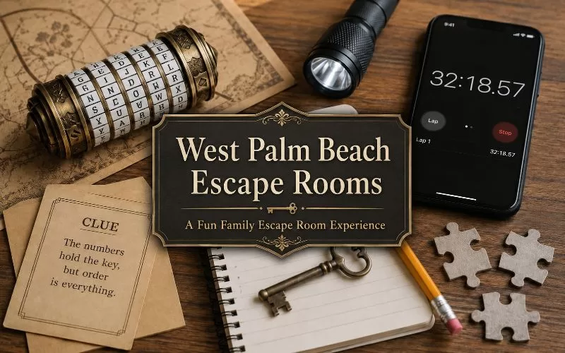 Escape room puzzle setup with title text for West Palm Beach Escape Rooms