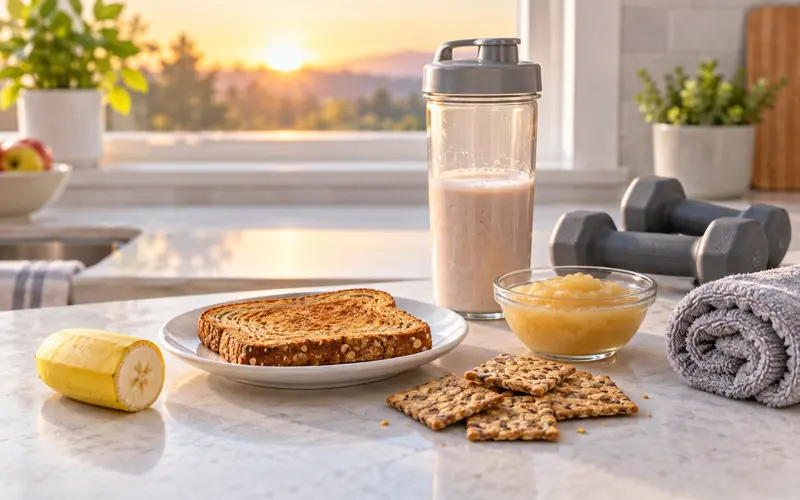 Banana, toast, crackers, and a small protein shake for morning exercise