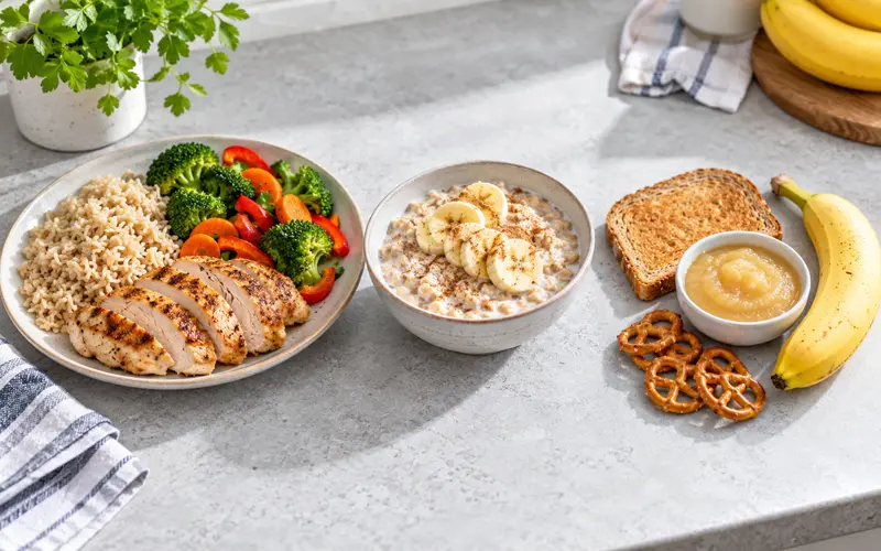 Full meal and lighter snack options for different pre-workout times