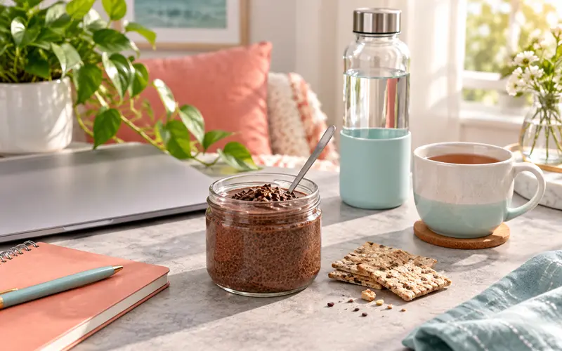 Chocolate chia pudding prepared as a planned afternoon sweet snack