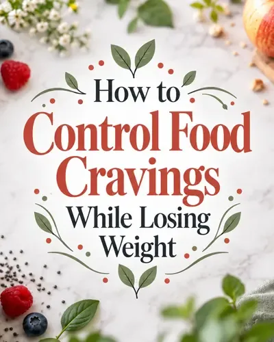Balanced foods surrounding decorative text about controlling food cravings
