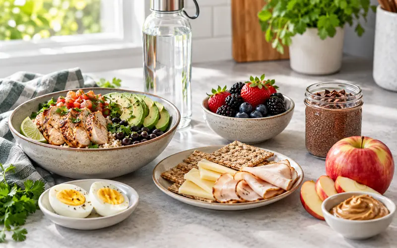 Balanced meals and satisfying snacks arranged to help manage food cravings