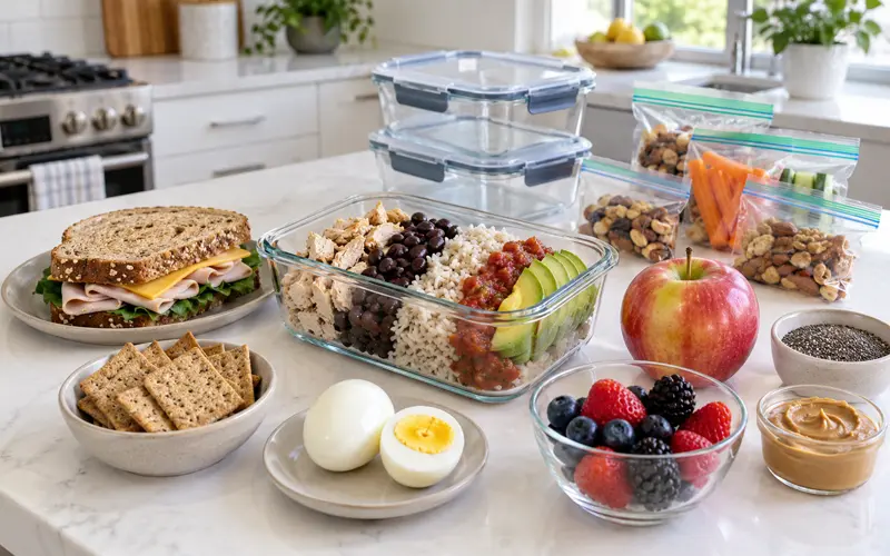 Filling lunch and snack combinations containing protein and fiber