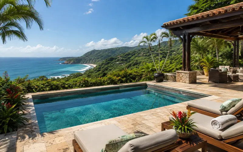 Luxury tropical resort overlooking lush rainforest and the Pacific coast in Costa Rica